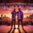 TK et Gims sur scène devant une foule à Coachella au coucher du soleil.