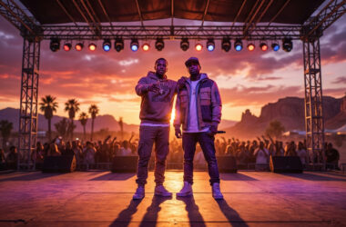 TK et Gims sur scène devant une foule à Coachella au coucher du soleil.