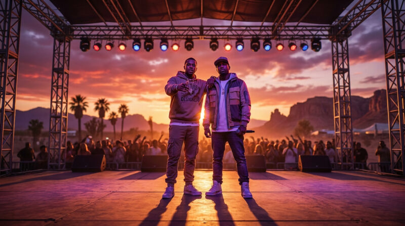 TK et Gims sur scène devant une foule à Coachella au coucher du soleil.